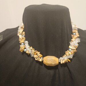 NECKLACE, STONES, PEARLS, CRYSTAL,SILVER TONE BEADS